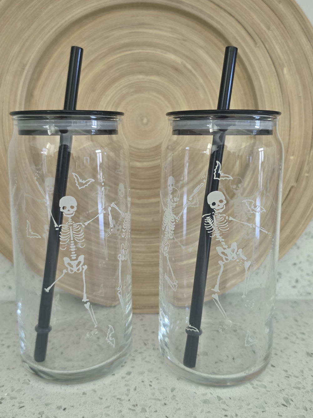 Clear Glass Dancing Skeleton Can Tumbler with Black Lid & Straw 2pc